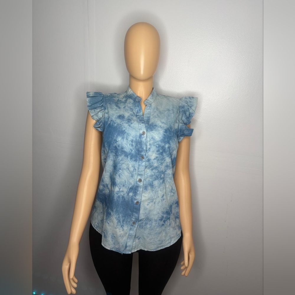 NY Collection Blue Tie-Dye Button Down Shirt Size S